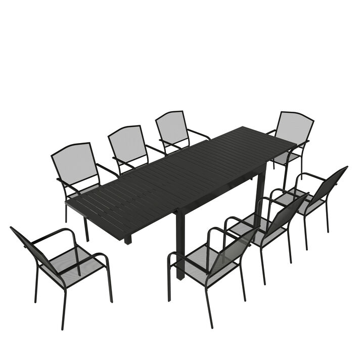 MONDAWE 9-Piece Extra Large Aluminum Telescopic Table And Chair Set With 8 Pcs Steel Mesh Dining Chairs, Black