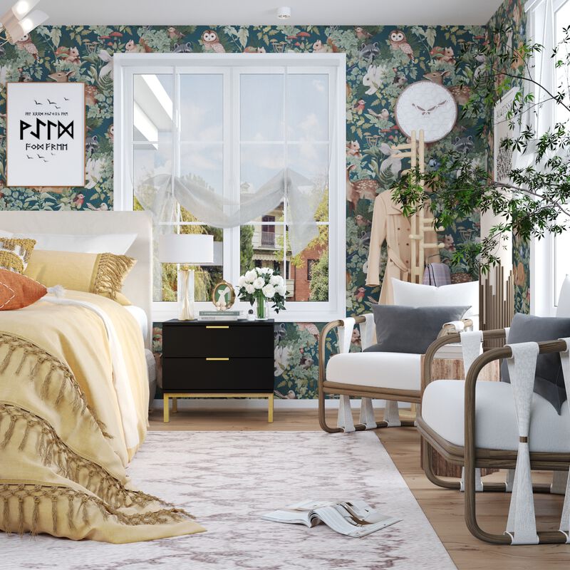 2-Drawer Black Wooden Nightstand Bedside Table With 4 Metal Legs 15.7 in. D x 19.7 in. W x 17.9 in. H