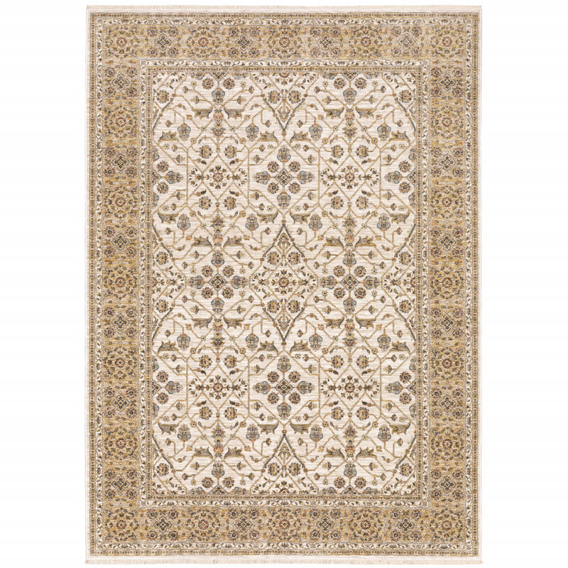 3 X 5 Ivory And gold Oriental Power Loom Stain Resistant Area Rug With Fringe