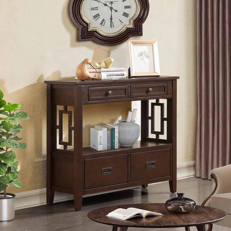 GOODSILO Farmhouse Pine Wood Console Table Entry Sofa Table with 4 Drawers and Storage Shelf image number 3