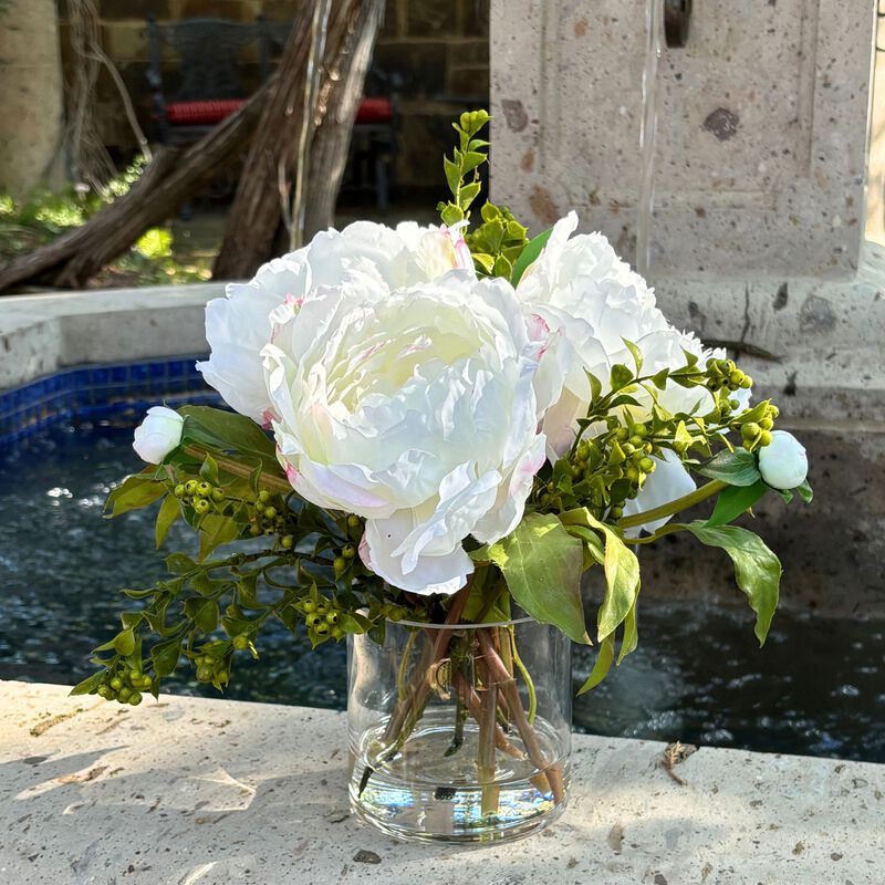 Faux peony arrangement in glass vase - 10"