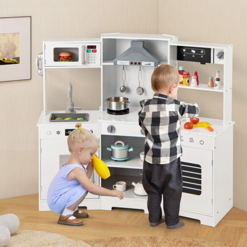 Hivvago Pretend Play Kitchen Wooden Toy Set with Range Hood Real Sounds and Lights