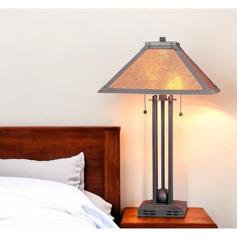 Hivvago 25" Gray Metal Two Light Cylinder Table Lamp With Amber Square Shade