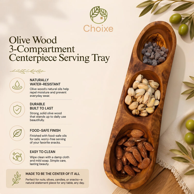 Olive Wood 3-Compartment Serving Tray&ndash;Elongated Centerpiece Dish for Snacks, Olives & Dips image number 4
