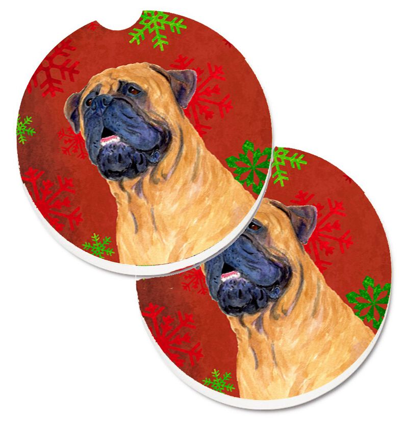 Caroline's Treasures Mastiff Red & green Snowflakes Holiday Christmas Set of 2 Cup Holder Car Coasters SS4727CARC, 2.56, Multicolor image number 0