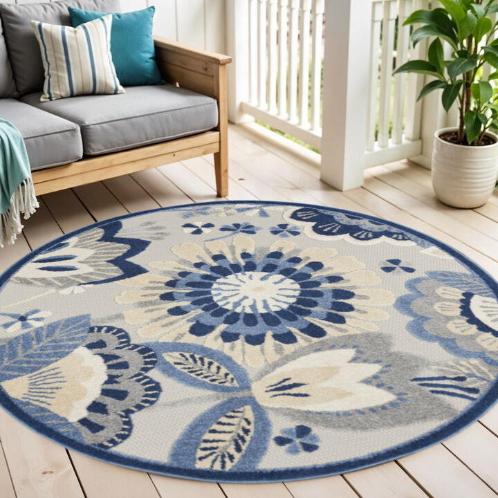 HomeRoots 4' Blue And Gray Round Floral Indoor Outdoor Area Rug