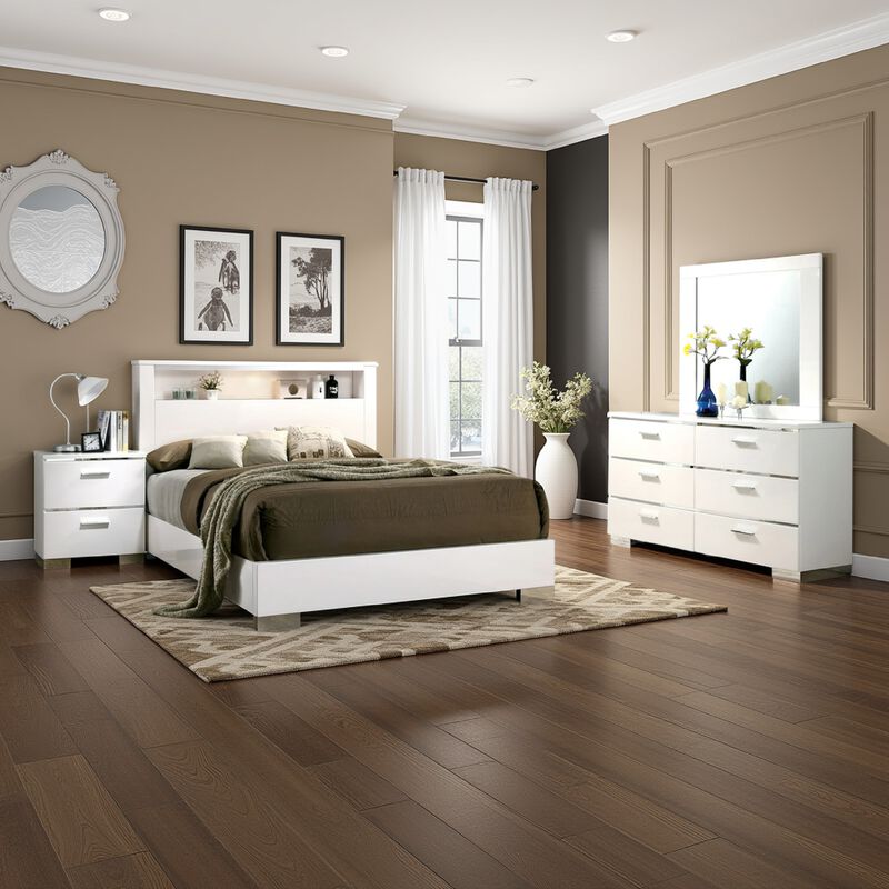 Cari Four Pc King Bedroom Set, LED Headboard with Shelf, White Wood, Chrome Stripes - Benzara