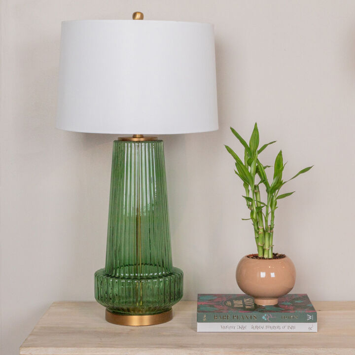 Ribbed Glass Table Lamp with Tapered Drum Shade, Gray