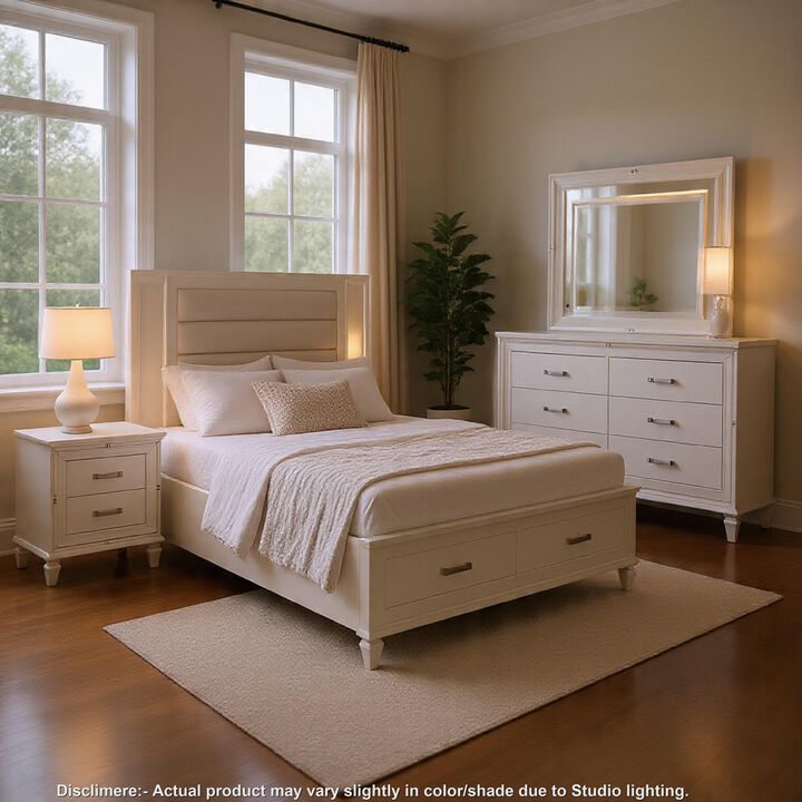 Rosa 4 Pc Queen Storage Bedroom Set, LED, Mirrored Accents, White Metallic