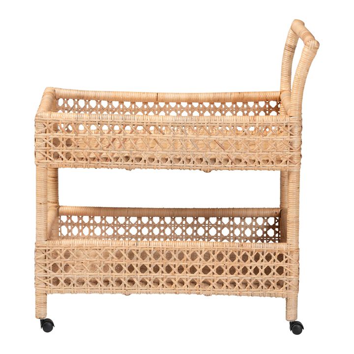 bali & pari Alaina Natural Rattan Kitchen Cart - 2-Tier Handwoven Wicker Storage Trolley with Handle for Kitchen or Lounge