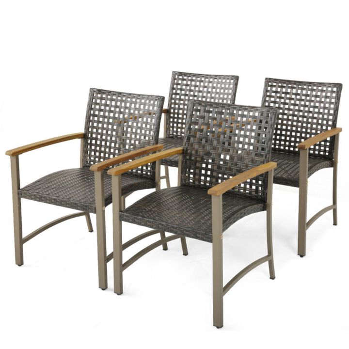 Hivvago Set of 4 Patio Rattan Dining Chairs with Acacia Wood Armrests-Set of 4