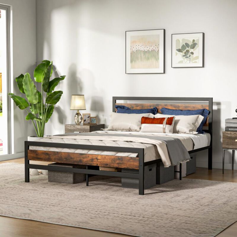 Hivvago Queen Industrial Bed Frame with Rustic Headboard and Footboard