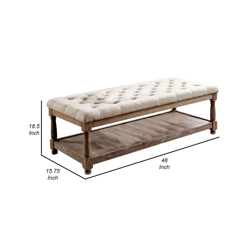 Button Tufted Fabric Upholstered Bench with Bottom Shelf, Beige and Brown-Benzara image number 5