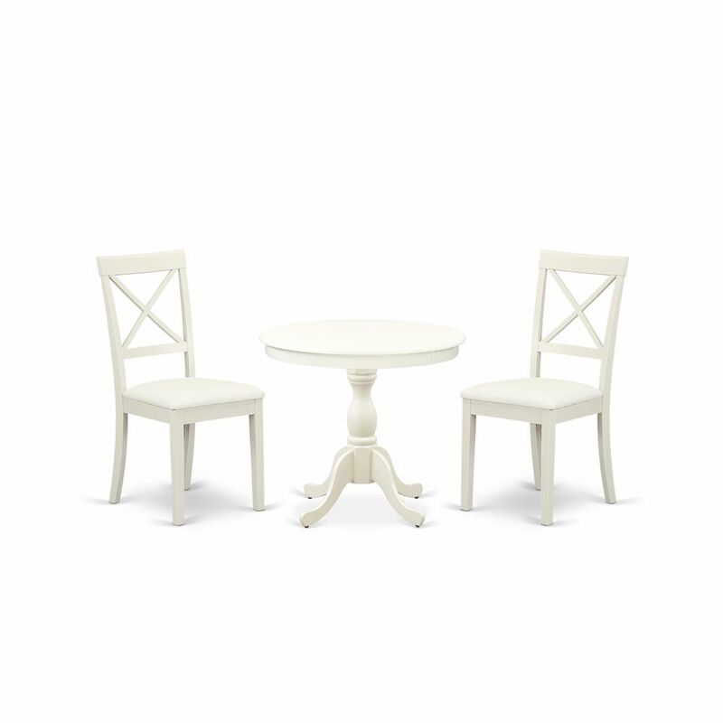 AMBO3-LWH-C 3 Pc Dining Room Set - 1 Pedestal Dining Table and 2 Linen White Dining Chair - Linen White Finish