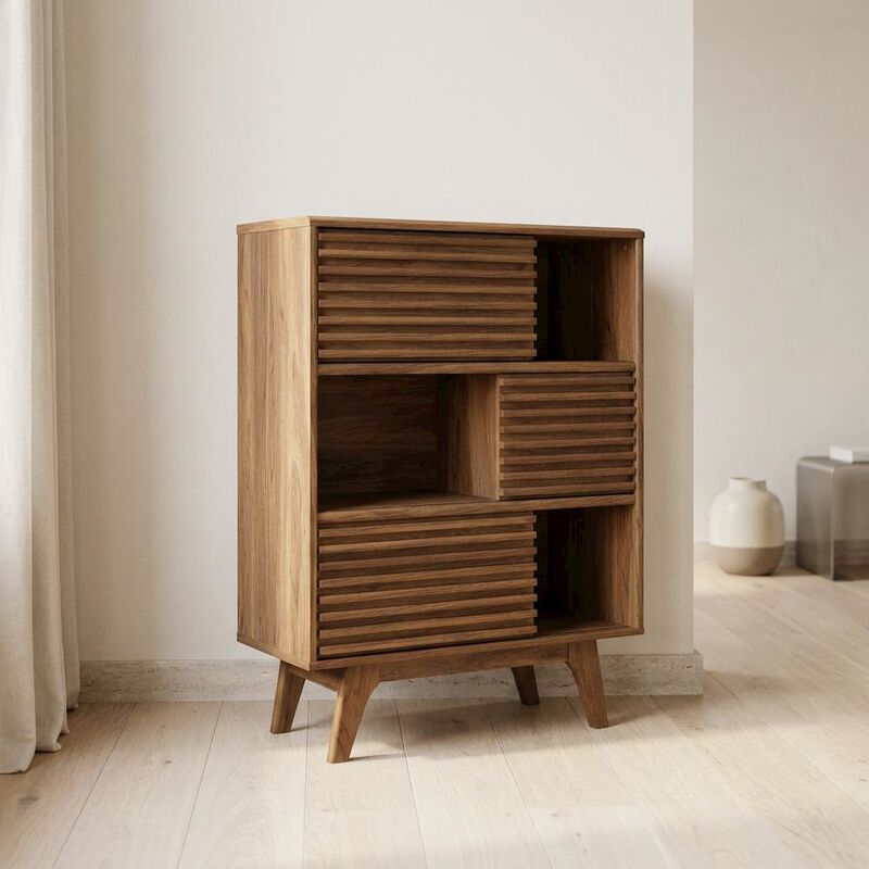 Mid-Century Modern Three-Tier Display Cabinet with Bookshelf Storage, Walnut image number 3