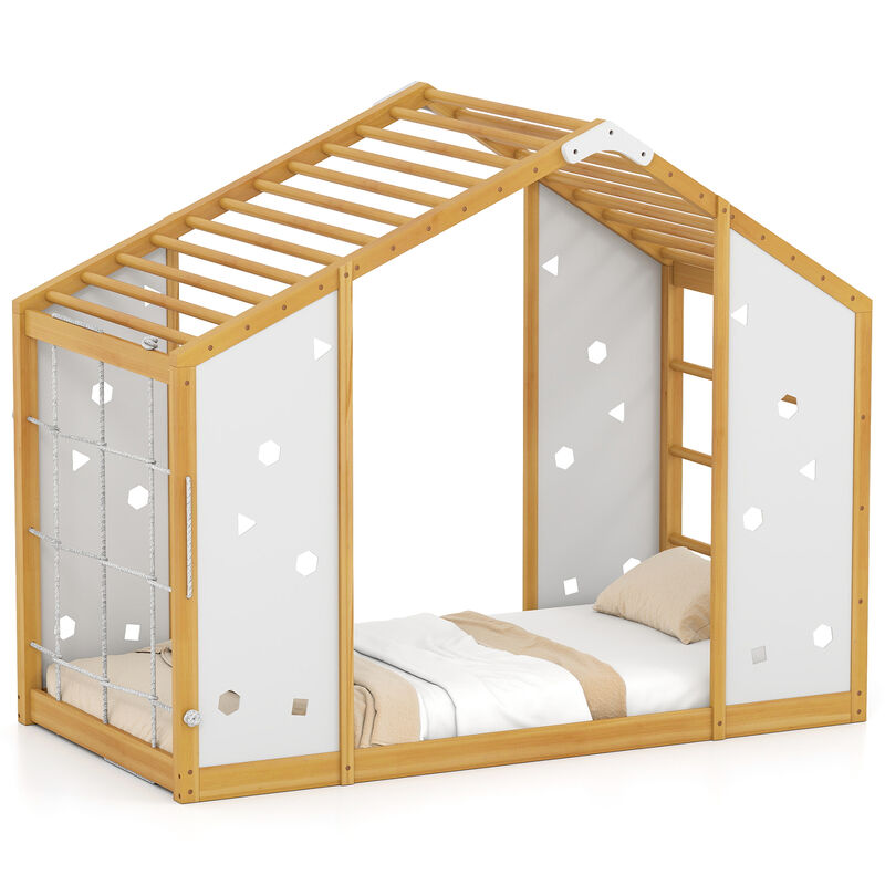 2-in-1 Twin Floor Bed with Monkey Bars &ndash; Montessori Climbing Bed, Natural & White image number 3