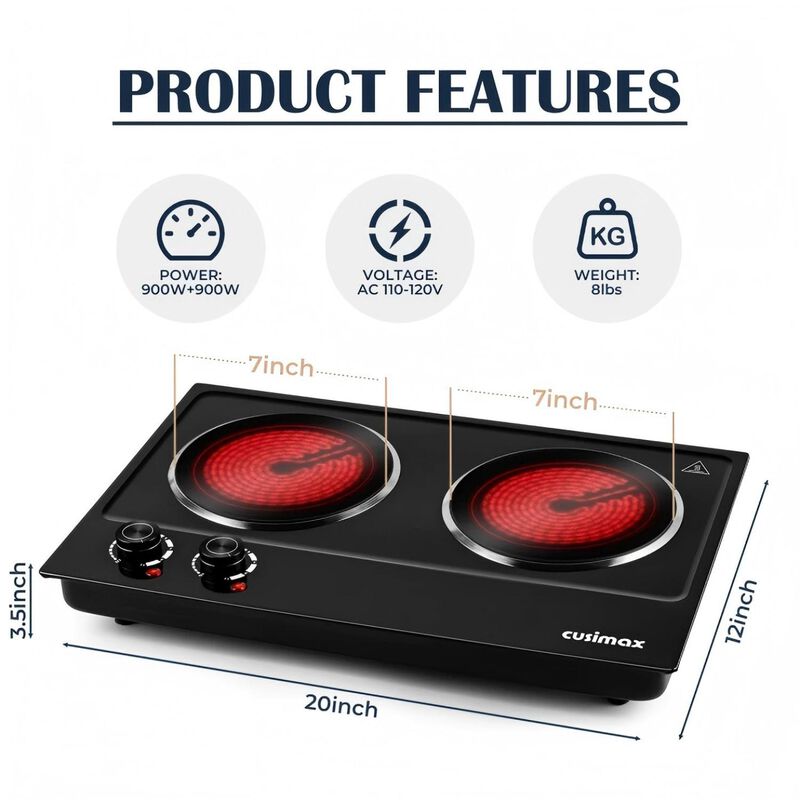 Cusimax 7.1 inch Portable Electric Hot Plate, 1800W Glass Dual Countertop Electric Cooktop, Stainless Steel Infrared Electric Stove image number 2
