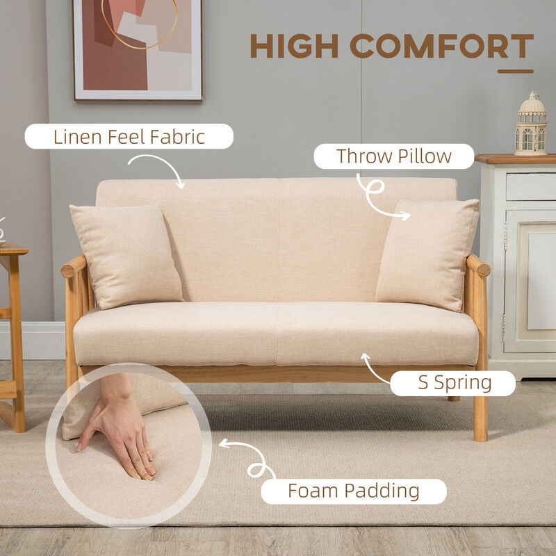 HOMCOM 48" 2-Seater Couch for Small Spaces, Modern Loveseat Sofa for Bedroom, Living Room Furniture, Upholstered Small Couch with Throw Pillow and Wood Legs, Beige