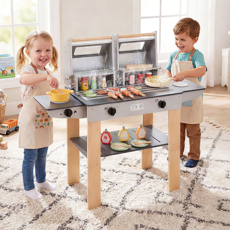 Kids Pretend BBQ Grill Set with Wooden Grill Tools and Play Food Accessories-Grey image number 6