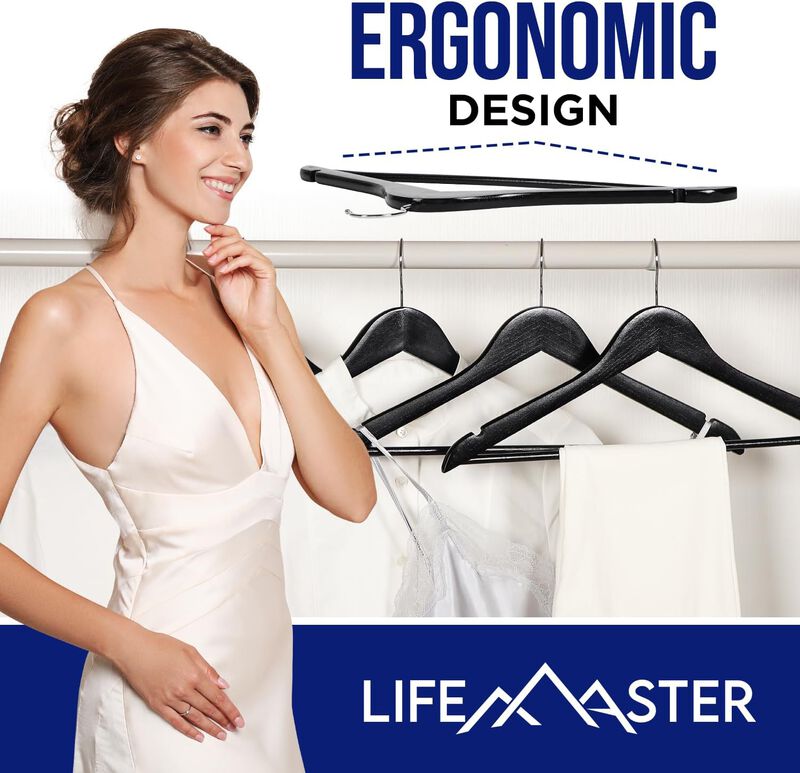 Lifemaster Wooden Clothes Hangers &ndash; With 360 Degree Swivel Hook and Non-Slip Shoulder Notch, Holds Up To 10 lbs, Pants Bar Design, For Organizing Suit, Dress, Coat, and Clothes, Pack of 5, Black image number 3