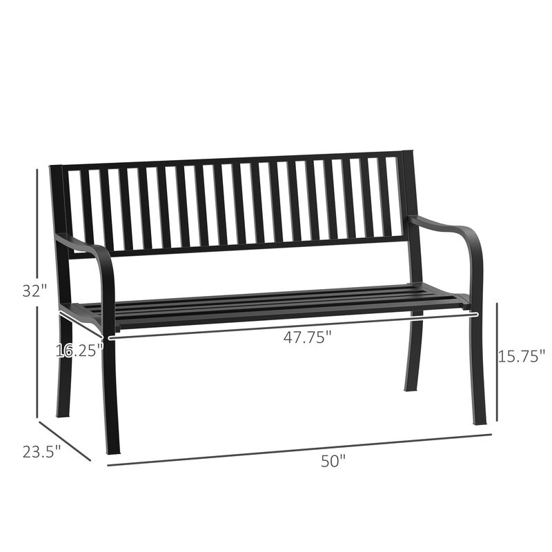 Outsunny 50" Outdoor Garden Bench, Patio Bench with Slatted Seat, Metal Porch Bench for Backyard, Poolside, Lawn, Black
