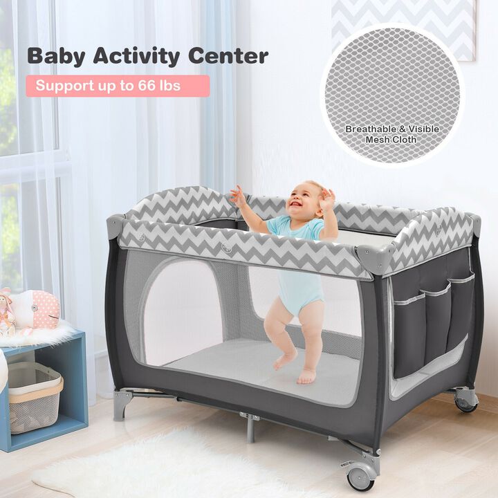 3-in-1 Portable Baby Playard with Zippered Door and Toy Bar - Grey