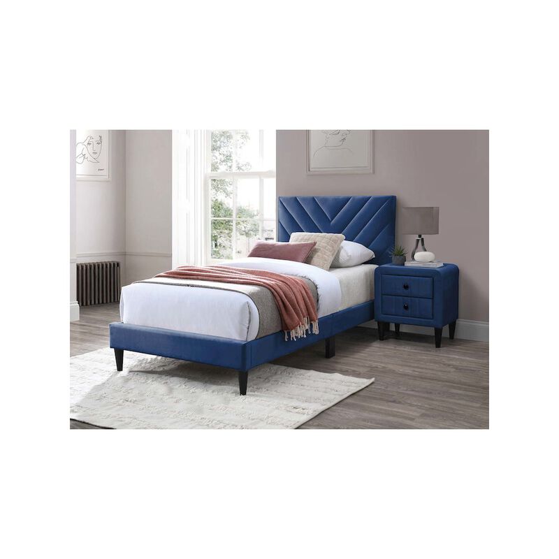 Poundex Adjustable V-Stitch Headboard Twin Bed Frame in Navy Blue Velvet