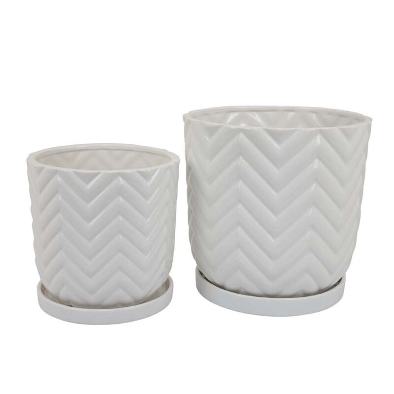 Camie Planter Set of 2, Saucers, Chevron Wave Patterns, White Ceramic