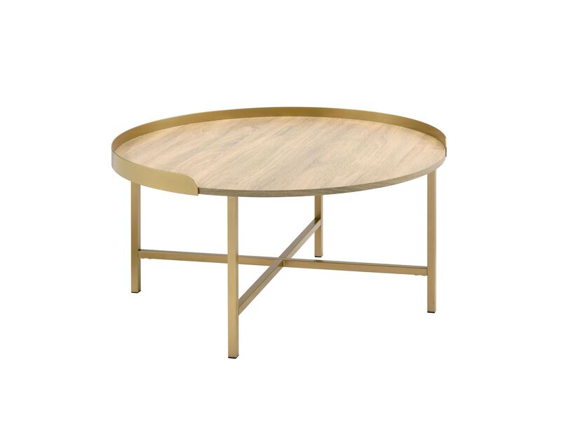Homezia 34" Gold And Oak Manufactured Wood And Metal Round Coffee Table