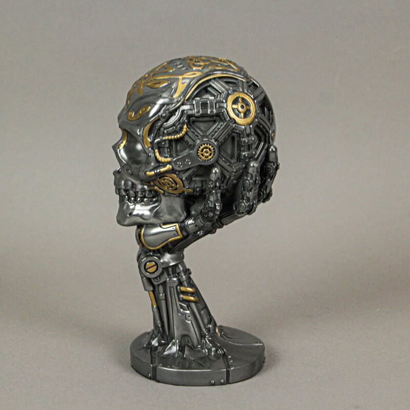 Silver / Gold Finished Steampunk Human Skull Statue - Robotic Arm Base image number 6