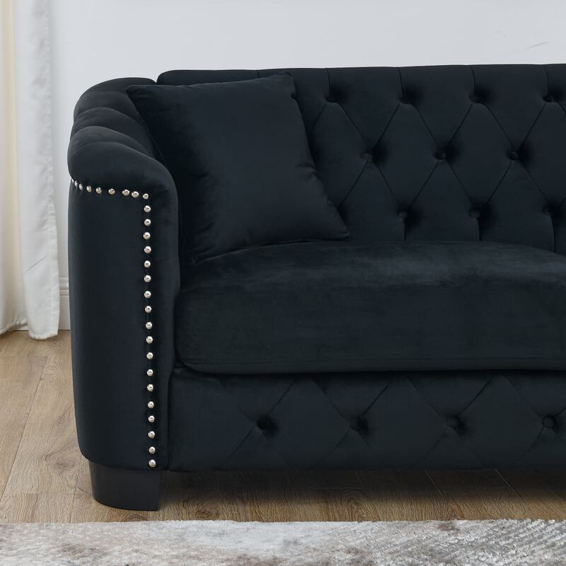 77 Inch Velvet Chesterfield Sofa, Button Tufted 3 Seater Sofa with Rolled Arms and Nailhead Trim, Upholstered Sofa with 2 Pillows image number 6
