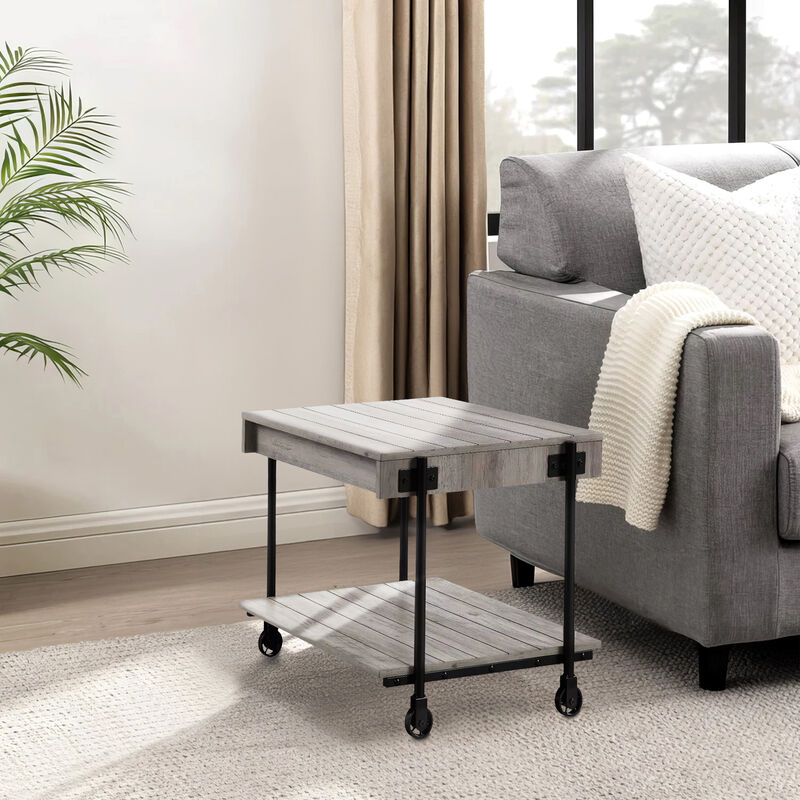 Loak 24 Inch Side End Table, Plank Design, Caster Wheels, Brown, Black