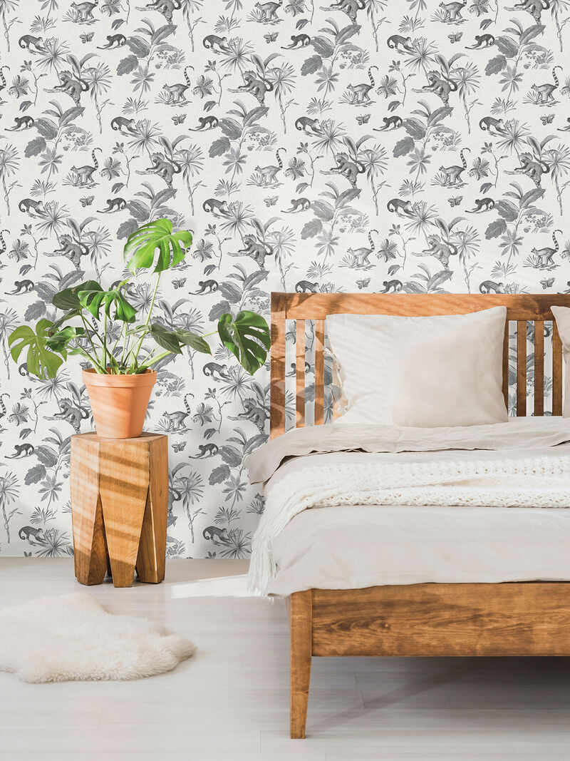 Botanicals & Lemurs Grey Peel & Stick Wallpaper image number 2