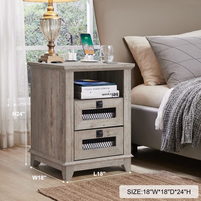 18" Rustic Nightstand with Charging Station, 2 Drawers & Open Cubby image number 3