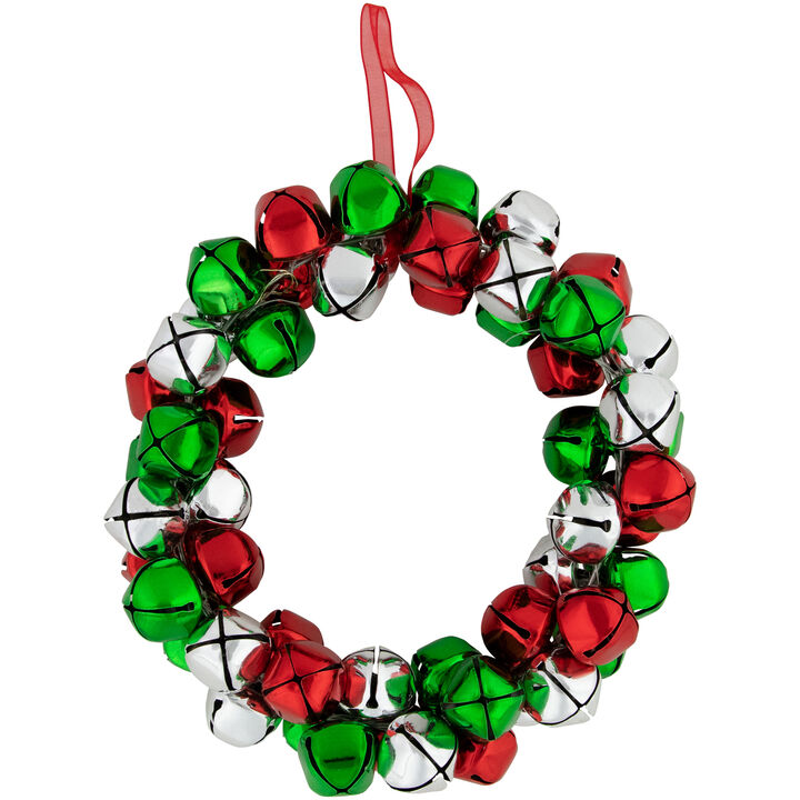 Red  Green  and Silver Jingle Bell Christmas Wreath  9-Inch  Unlit