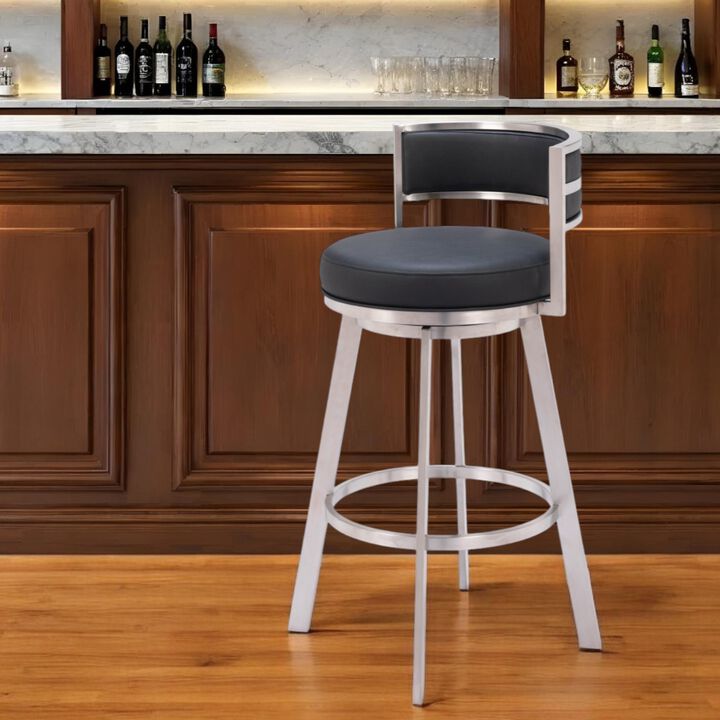 HomeRoots 31" Black And Silver Faux Leather And Stainless Steel Low Back Bar Height Swivel Bar Chair