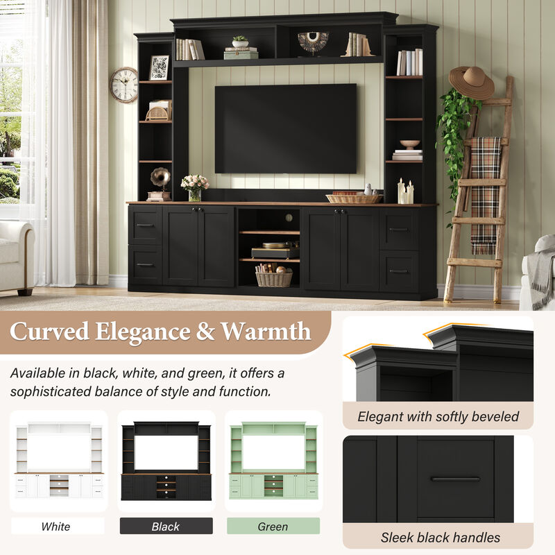 Merax Curved TV Stand with 4 Drawers, 2 Cabinets & 8 Adjustable Shelves &ndash; Walnut Finish image number 4