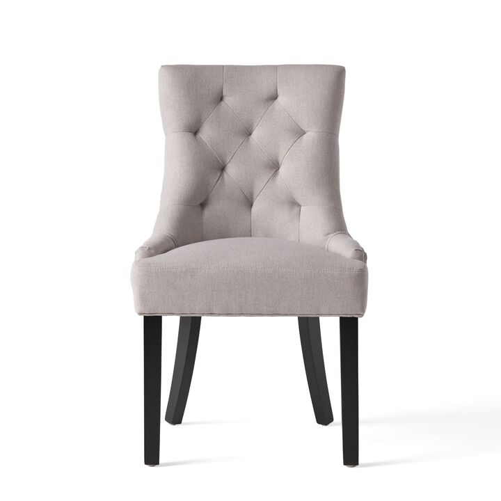 Chen Dining Chair Set of 2, Light Gray Fabric, Tufted Back, Wood Frame - Benzara