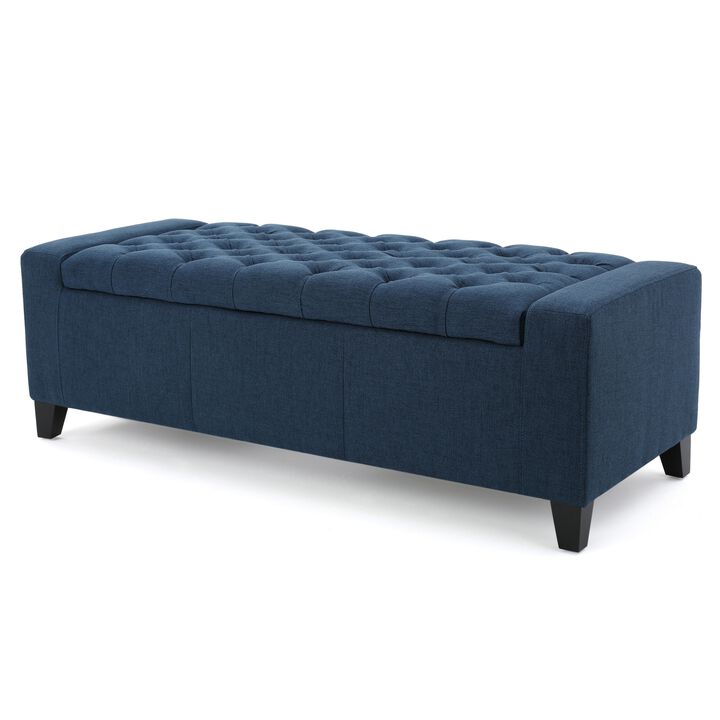 Storage Ottoman Bench, 51 Inch, Deep Button Tufted Dark Blue Fabric - Benzara