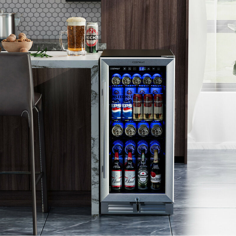 100 Can Built-in Freestanding Beverage Cooler Refrigerator with Adjustable Temperature and Shelf