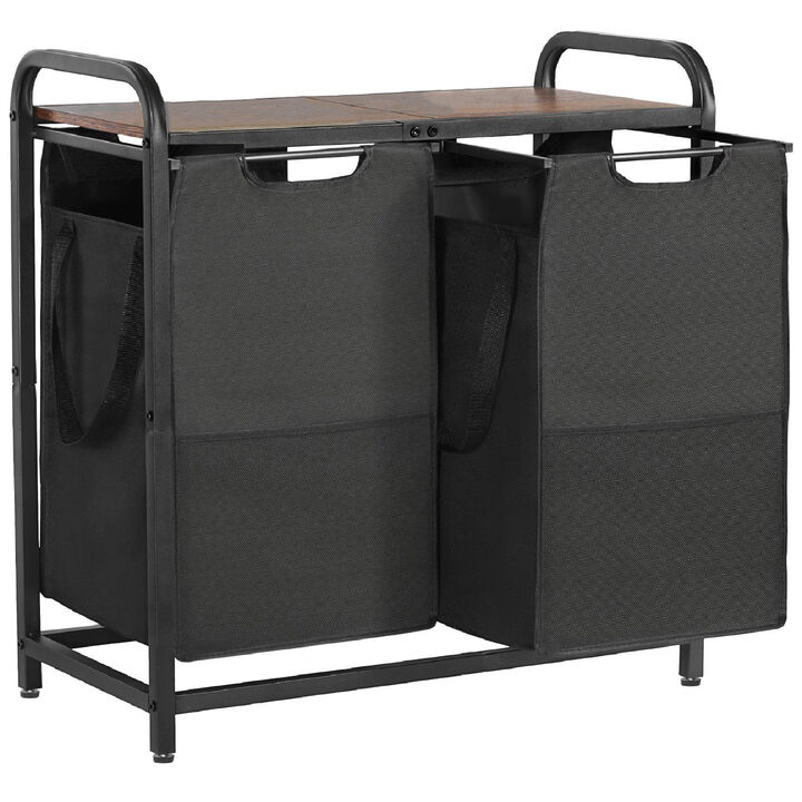 2 Compartment Laundry Sorter with Pull Out Oxford Bags, Freestanding Hamper with Shelf-Black
