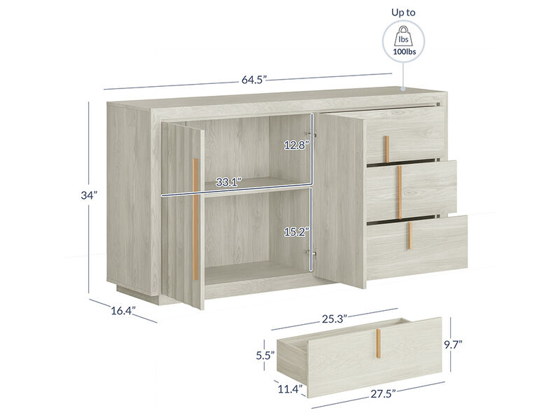 BELLEZE Sideboard Buffet Cabinet, 64.5" Modern Console Table with 3 Drawers and 2 Fluted Doors, Entryway Accent Storage Cabinet, Adjustable Shelves, Dining Room Living Room, White Sand
