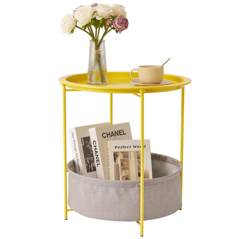 VECELO Round Side/End Table with Fabric Storage Basket