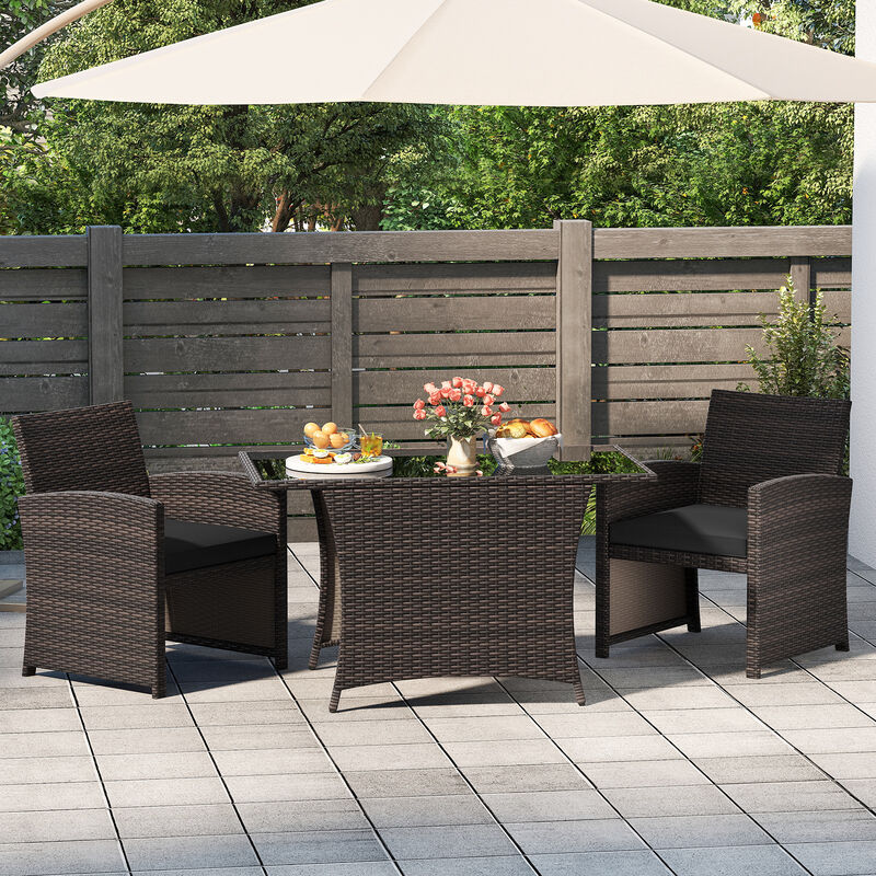 3 Piece Patio Wicker Dining Set with Rectangle Tempered Glass Dining Table