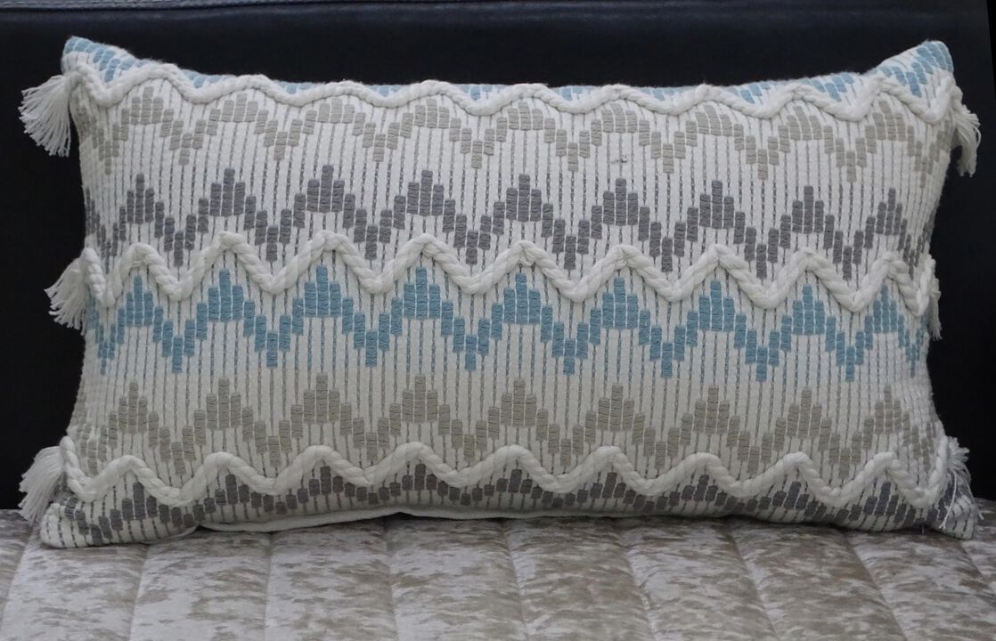24" Blue and White Chevron Throw Pillow for Sofa with Braid and Tassels