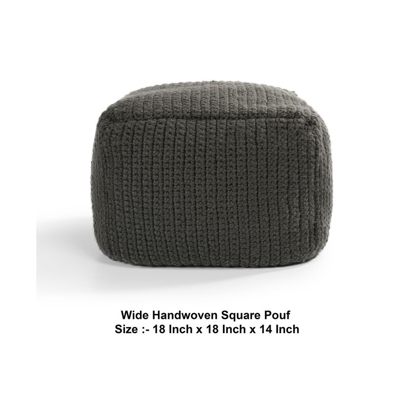 Square Pouf Ottoman, 18 Inch Handwoven Knitted Dark Gray Polyester - Benzara