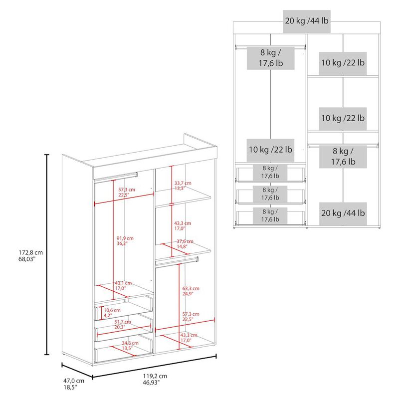 Hamilton Mobile Armoire, Double Door Cabinet, Three Drawers, Two Shelves, White