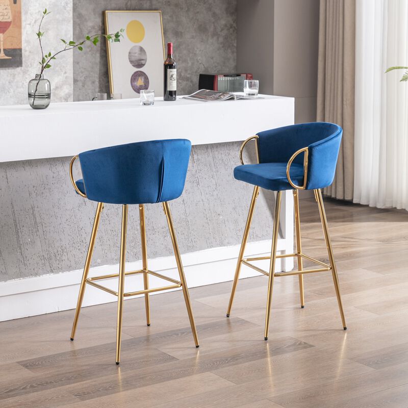 26 Inch Set of 2 Velvet Bar Stools with Chrome Footrest and Golden Base Counter Height Stools image number 2