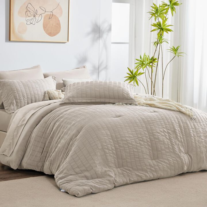 CozyLux King Seersucker Comforter Set with Sheets Beige Bed in a Bag 7-Pieces All Season Bedding Sets with Comforter, Pillow Sha