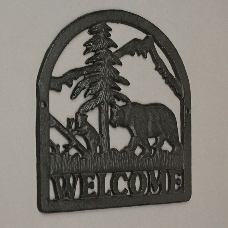 Rustic Brown Cast Iron Bear & Cub Welcome Sign Wall Hanging Plaque Home D&eacute;cor image number 1